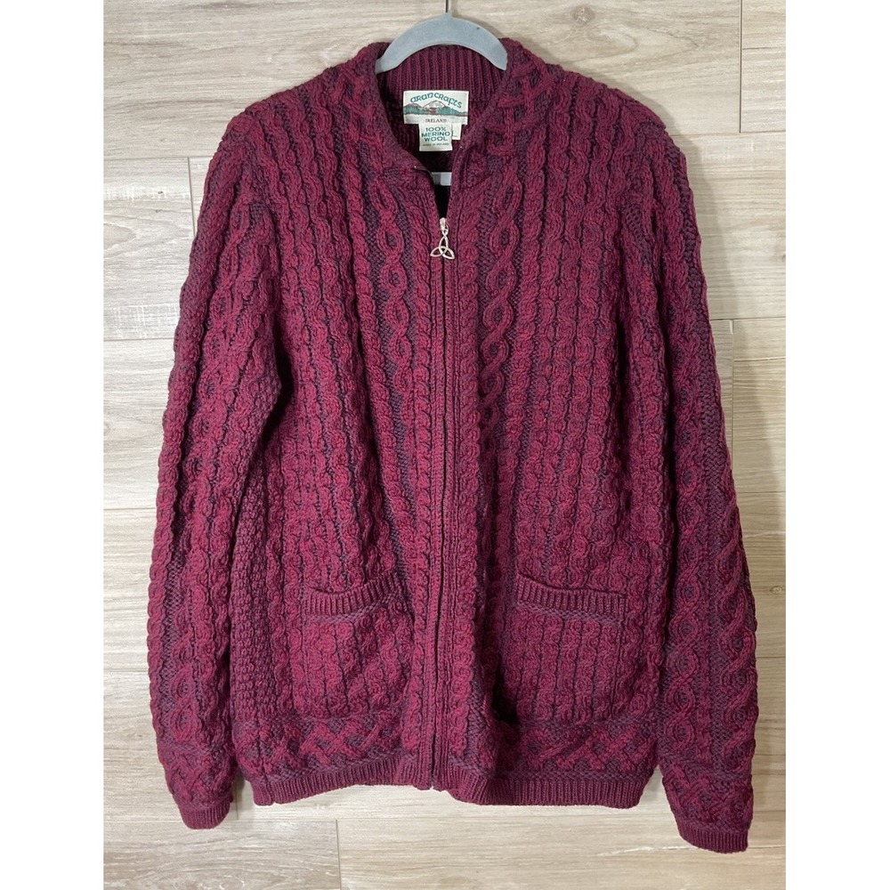 Aran Crafts Ireland 100% Merino Wool Full Zip Cable Knit Cardigan L Sweater